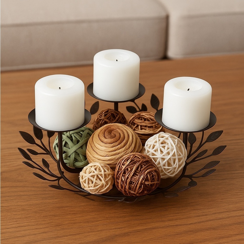 Rustic Metal Leaf Candle Holder Centerpiece with 3 Candles Year Round Decor